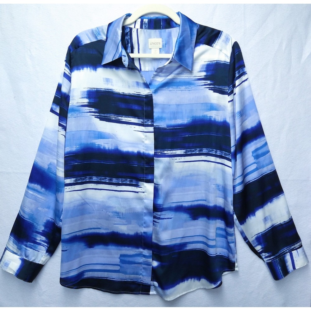Chicos Top Blue Watercolor Abstract Stripe Print Nautical Coastal SZ 2 - L 14/16